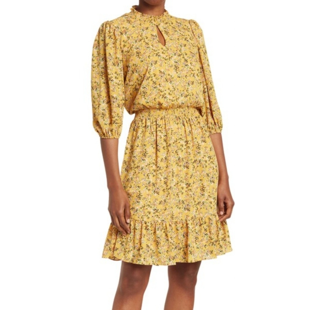 Nanette Lepore Floral 3/4 Sleeve Keyhole Smocked Midi Dress